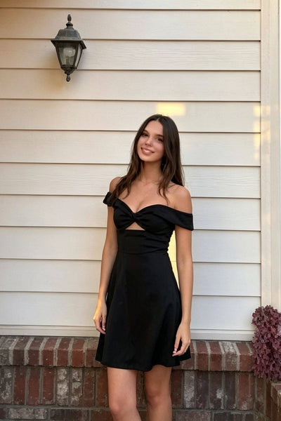 Tight Off the Shoulder Black Elasitc Satin Short Dress with Keyhole
