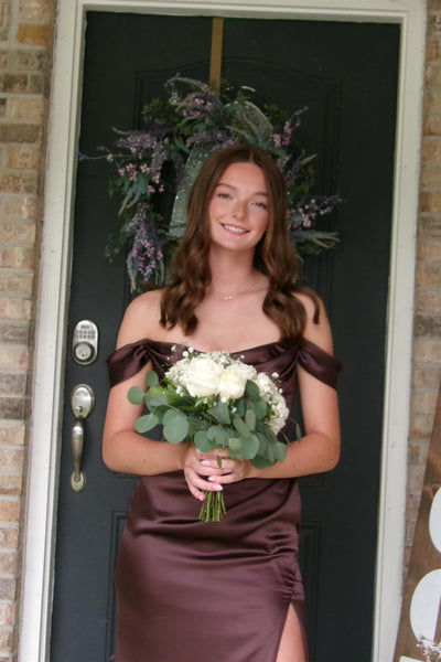 Off the Shoulder Chocolate Brown Satin Long Prom Dress with Slit