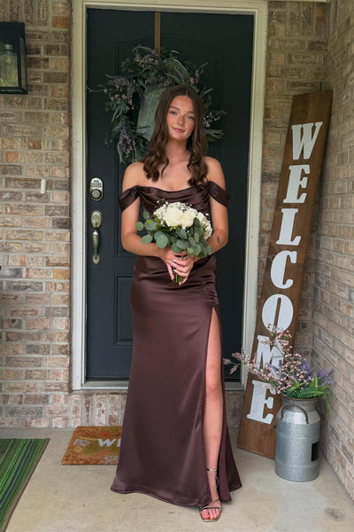 Off the Shoulder Chocolate Brown Satin Long Prom Dress with Slit