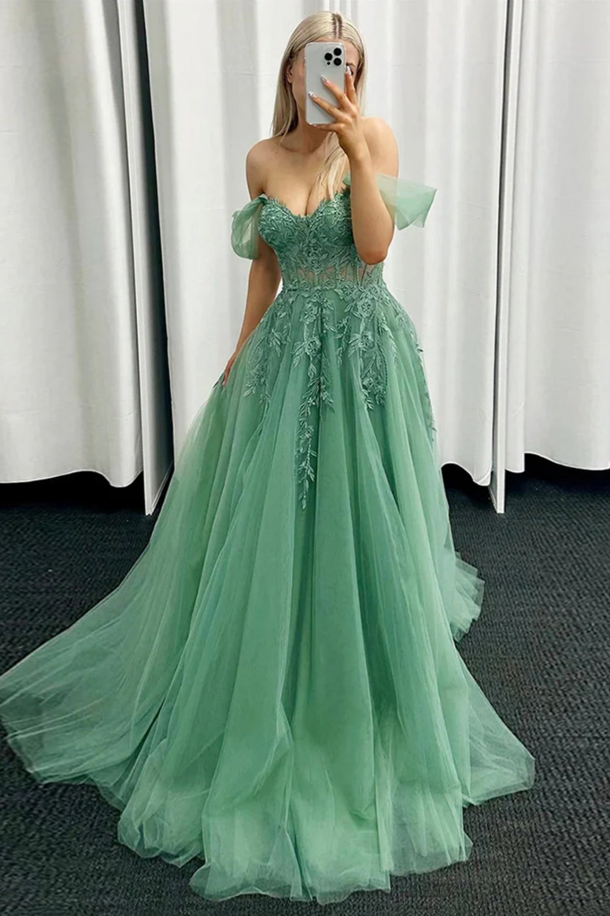 Cute A Line Off the Shoulder Grey Green Tulle Prom Dresses with Appliques Cute A Line Off the Shoulder Grey Green Tulle Prom Dresses with Appliques