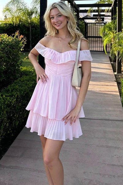 A Line Off the Shoulder Pink Pleated Tiered Short Homecoming Party Dress