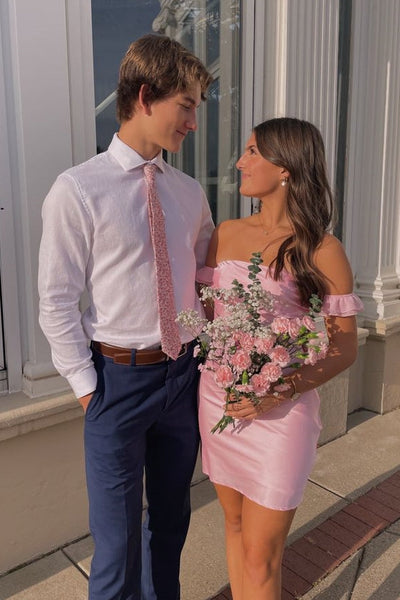 Cute Off the Shoulder Pink Satin Sheath Short Homecoming Dress