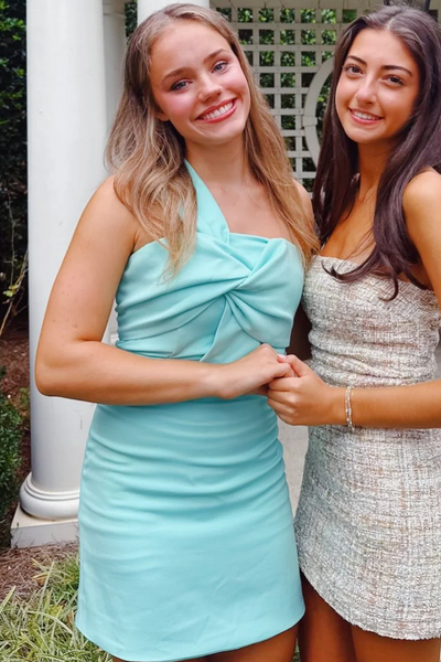 One Shoulder Twist Blue Satin Sleeveless Pleats Short Homecoming Dress