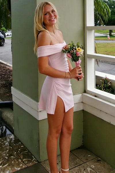 Off-Shoulder Bodycon Pink Satin Pleats Homecoming Dress with Slit