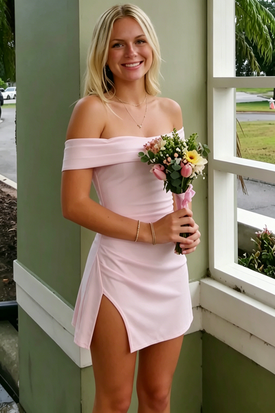Off-Shoulder Bodycon Pink Satin Pleats Homecoming Dress with Slit