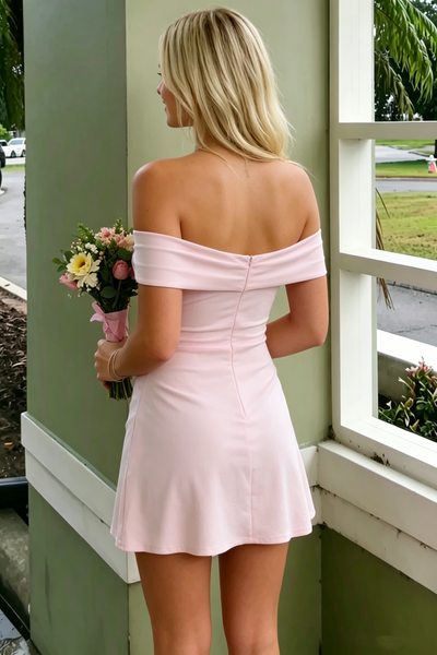 Off-Shoulder Bodycon Pink Satin Pleats Homecoming Dress with Slit