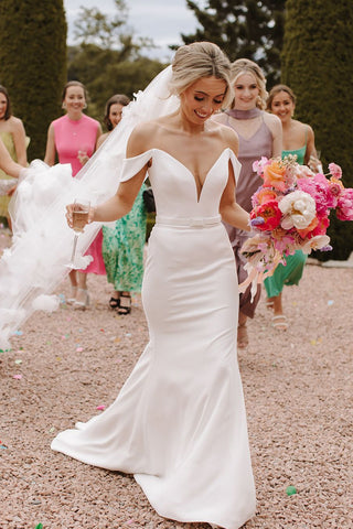 Romantic Mermaid Off the Shoulder Elastic Satin Long Wedding Dresses with Button AB4091604-2