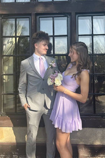 A Line Ruffle Straps V Neck Lilac Ruched Short Homecoming Dress