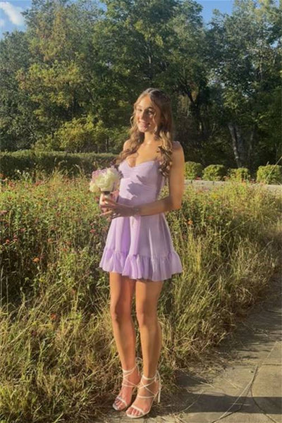 A Line Ruffle Straps V Neck Lilac Ruched Short Homecoming Dress