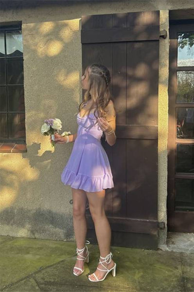 A Line Ruffle Straps V Neck Lilac Ruched Short Homecoming Dress