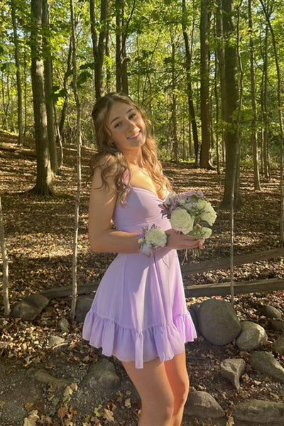 A Line Ruffle Straps V Neck Lilac Ruched Short Homecoming Dress