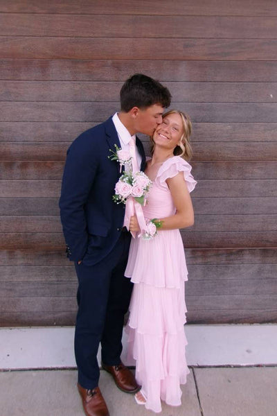 A Line Ruffle Straps Pink Chiffon Pleated Tiered Long Prom Dress