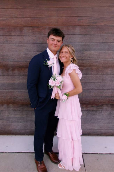 A Line Ruffle Straps Pink Chiffon Pleated Tiered Long Prom Dress