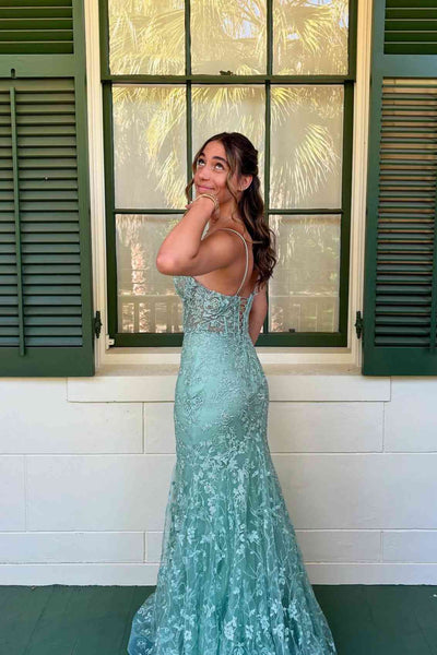 Cute Sage Green V Neck Lace Appliques Mermaid Long Prom Dress