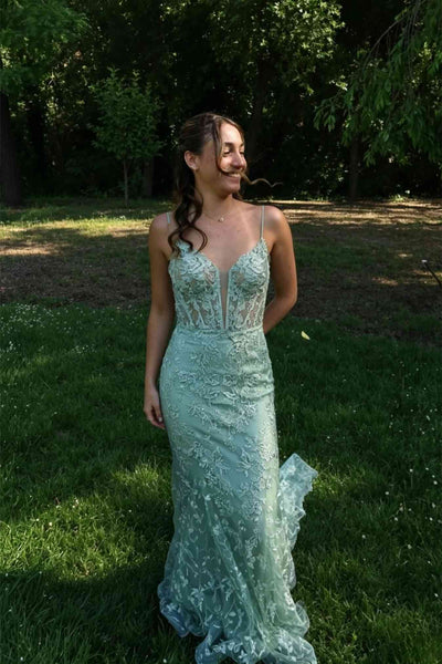 Cute Sage Green V Neck Lace Appliques Mermaid Long Prom Dress