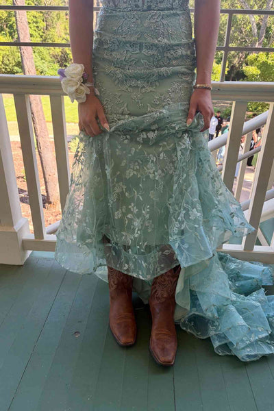 Cute Sage Green V Neck Lace Appliques Mermaid Long Prom Dress