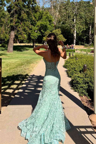 Cute Sage Green V Neck Lace Appliques Mermaid Long Prom Dress