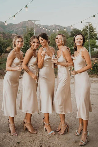 Sheath Cowl Neck Champagne Silk Satin Long Bridesmaid Dress AB24090501-1