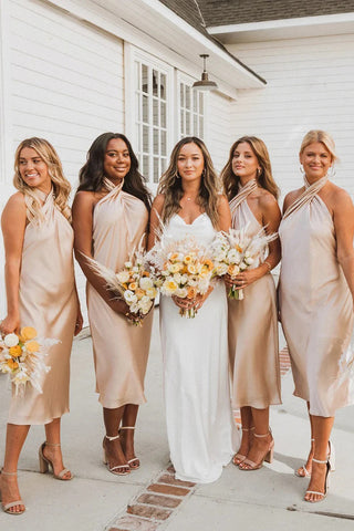 Sheath Halter Neck Champagne Silk Satin Long Bridesmaid Dress AB24090502-1