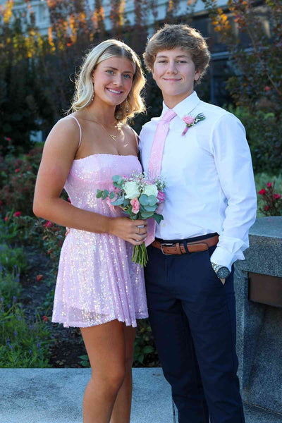 Spaghetti Straps Pink Sequin A-line Short Homecoming Dress