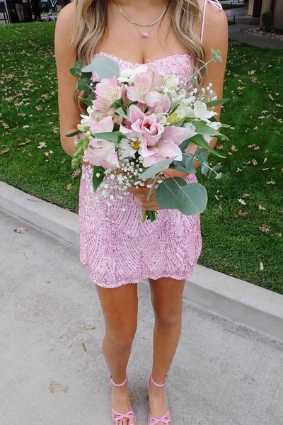 Sweetheart Pink Sequins Sleeveless Short Homecoming Party Dress