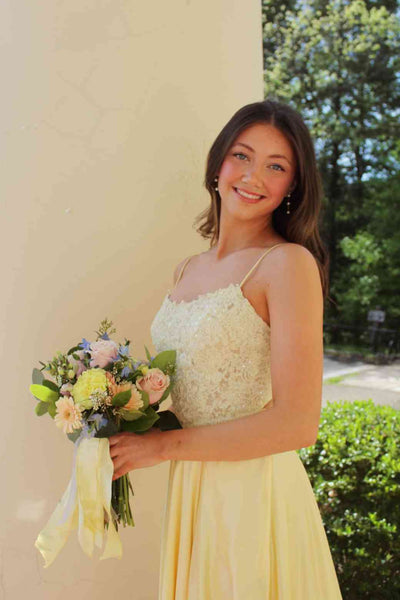 Cute A Line Spaghetti Straps Yellow Satin Long Prom Dress with Appliques