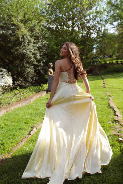 Cute A Line Spaghetti Straps Yellow Satin Long Prom Dress with Appliques
