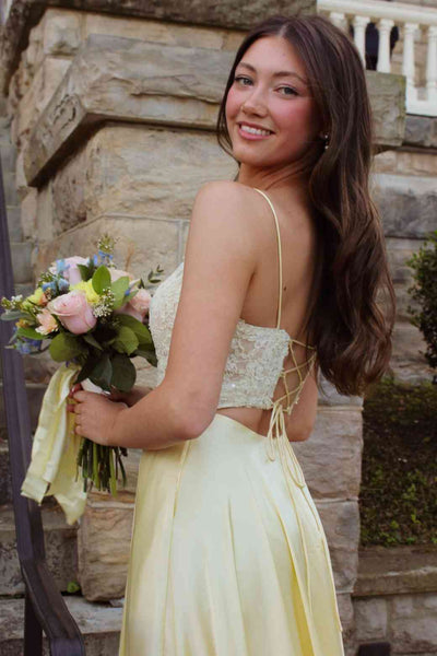 Cute A Line Spaghetti Straps Yellow Satin Long Prom Dress with Appliques