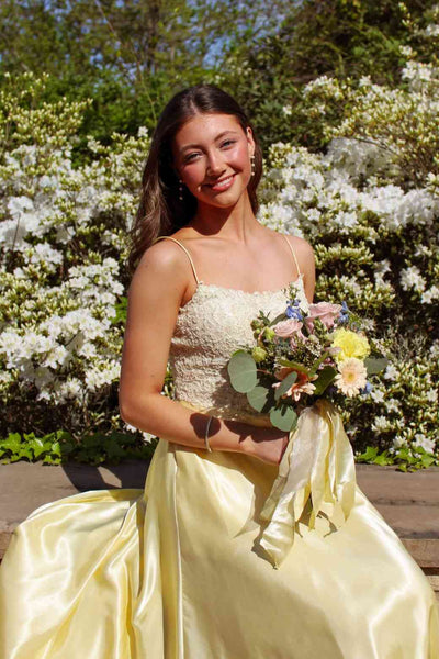 Cute A Line Spaghetti Straps Yellow Satin Long Prom Dress with Appliques