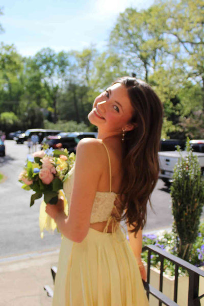 Cute A Line Spaghetti Straps Yellow Satin Long Prom Dress with Appliques