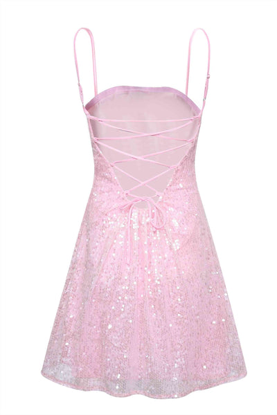 Spaghetti Straps Pink Sequin A-line Short Homecoming Dress