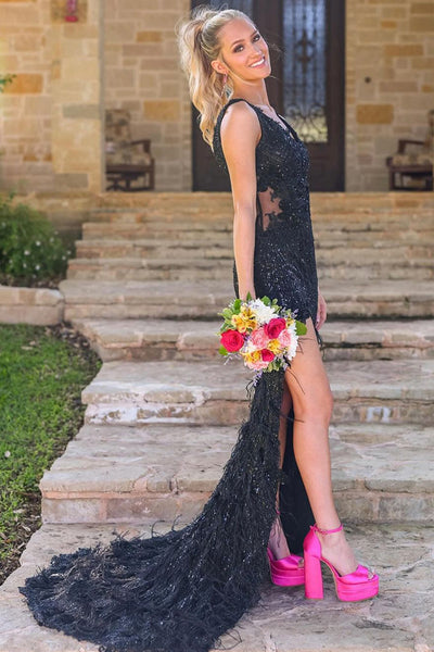 Sparkly Mermaid V Neck Black Sequins Lace Prom Dresses with Feather AB24091402-3