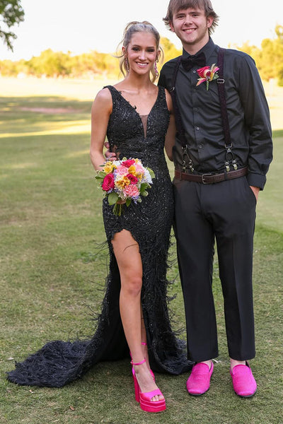 Sparkly Mermaid V Neck Black Sequins Lace Prom Dresses with Feather AB24091402-4