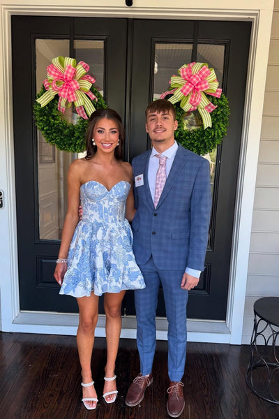 Cute Sweetheart Light Blue Jacquard Satin Short Homecoming Dress