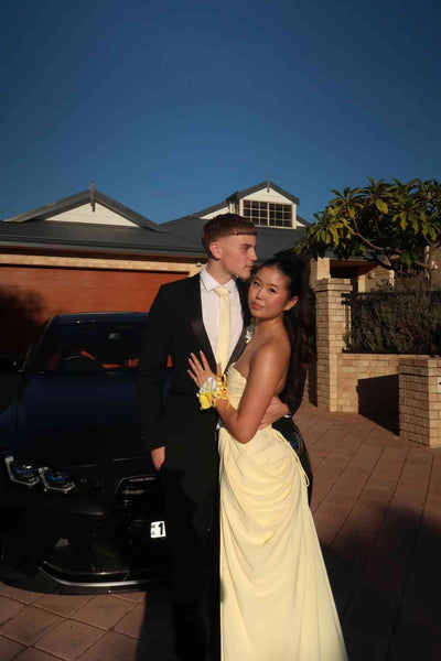 Strapless Lemon Column Long Evening Party Dress with Pleated Draping