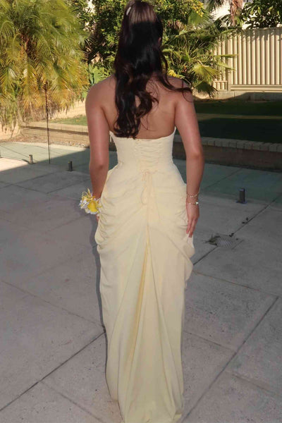 Strapless Lemon Column Long Evening Party Dress with Pleated Draping