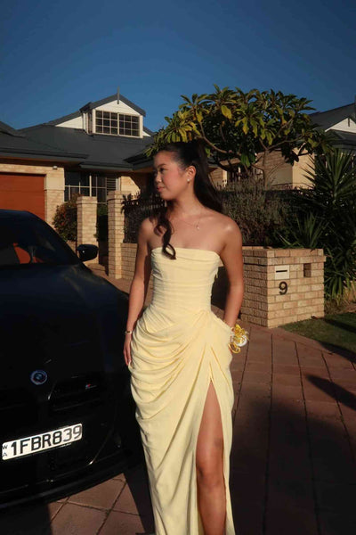 Strapless Lemon Column Long Evening Party Dress with Pleated Draping