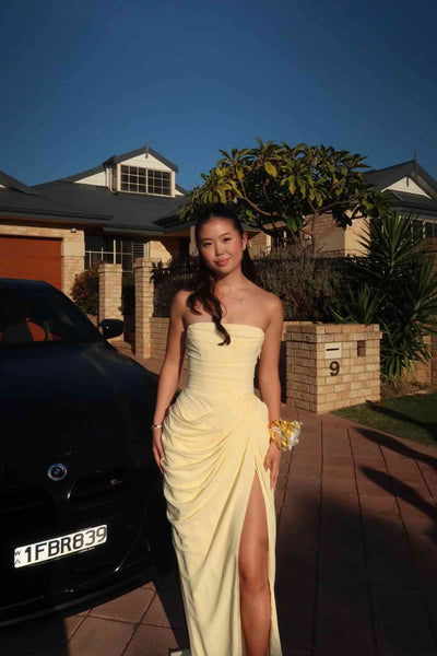 Strapless Lemon Column Long Evening Party Dress with Pleated Draping