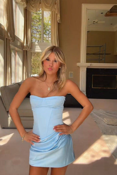 Cute Strapless Sheath Light Blue Draped Short Homecoming Dress with Cutout