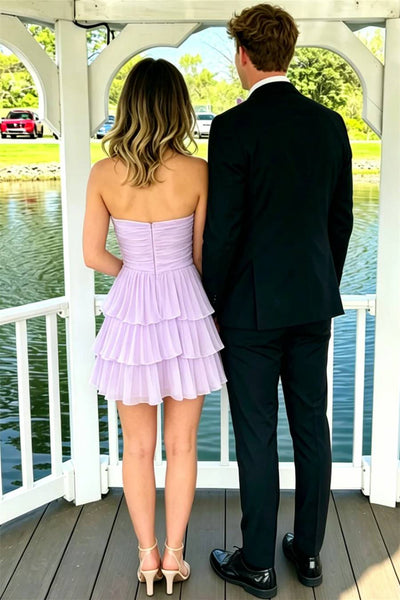 Cute A Line Sweetheart Lilac Chiffon Pleated Tiered Short Homecoming Dress