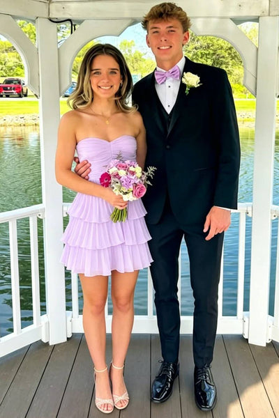 Cute A Line Sweetheart Lilac Chiffon Pleated Tiered Short Homecoming Dress