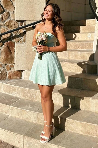 Strapless Mint Green Jacquard A-line Short Homecoming Dress