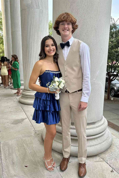 Strapless Navy Blue Tiered Short Homecoming Dress with Beaded