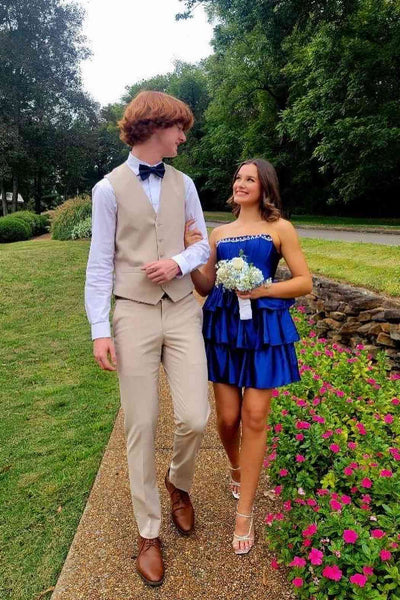 Strapless Navy Blue Tiered Short Homecoming Dress with Beaded