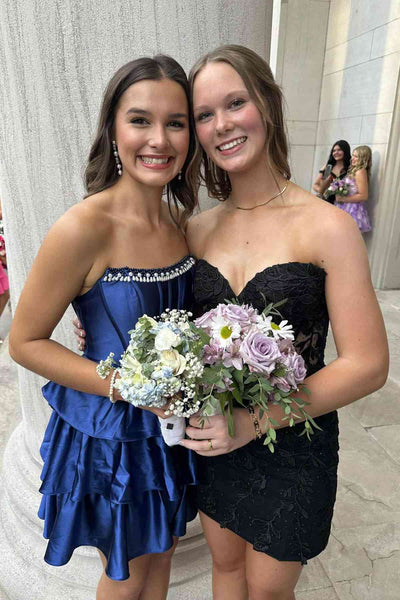 Strapless Navy Blue Tiered Short Homecoming Dress with Beaded