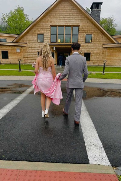 Strapless Pink Mermaid Appliques Long Prom Dress with Side Train
