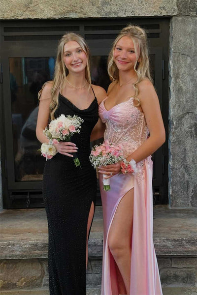 Strapless Pink Mermaid Appliques Long Prom Dress with Side Train