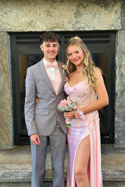 Strapless Pink Mermaid Appliques Long Prom Dress with Side Train