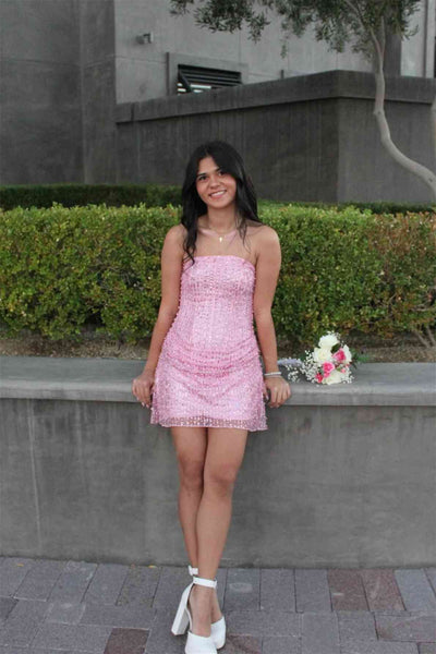 Strapless Pink Sequins Lace A-line Short Homecoming Dress
