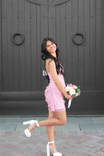 Strapless Pink Sequins Lace A-line Short Homecoming Dress